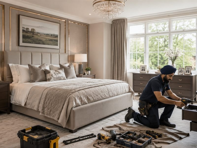 Fitted bedroom with upholstered headboard and built-in storage