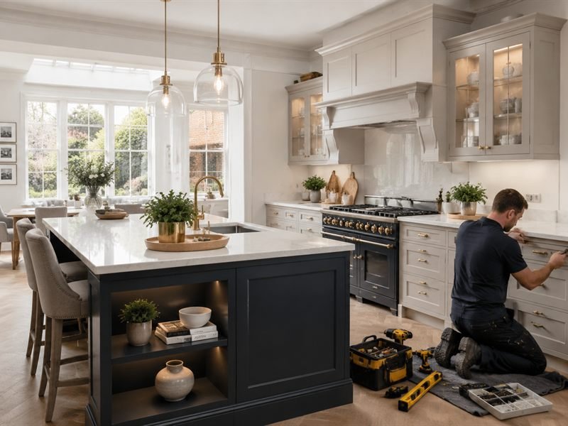 Fitted kitchen with island and pendant lighting