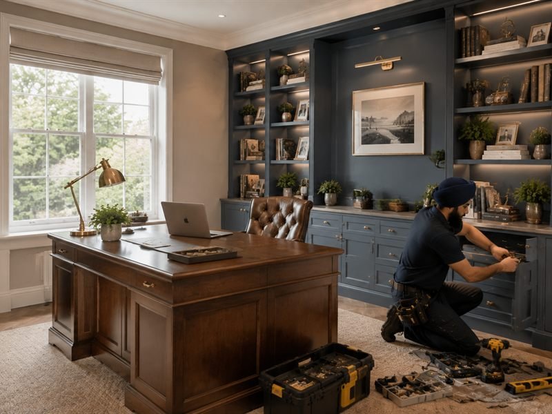 Home renovation with fitted cabinetry and lit shelving