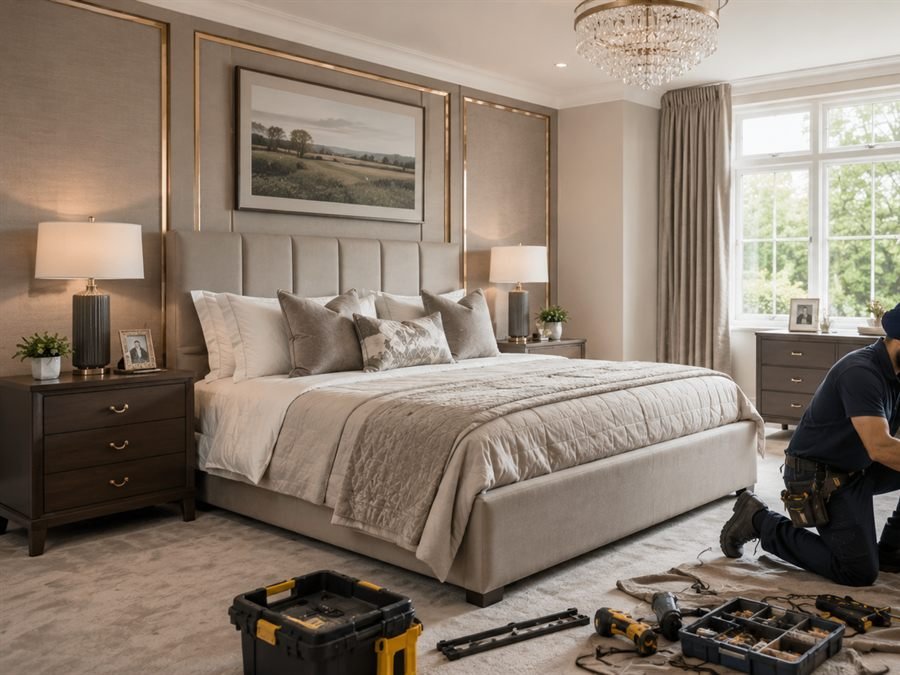 Master bedroom with panelled feature wall and fitted bedside cabinets