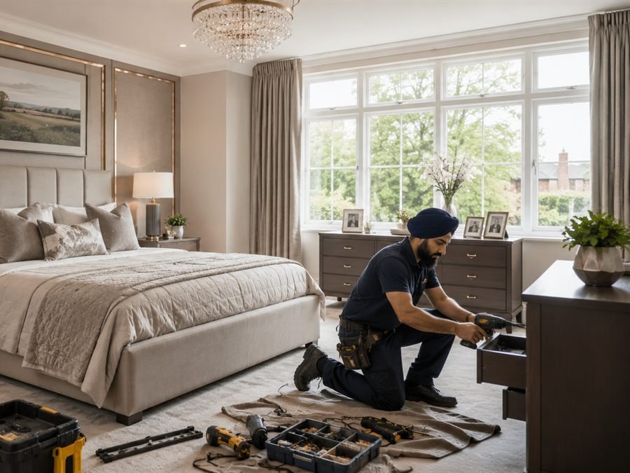Fitted bedroom with drawer bank and integrated lighting