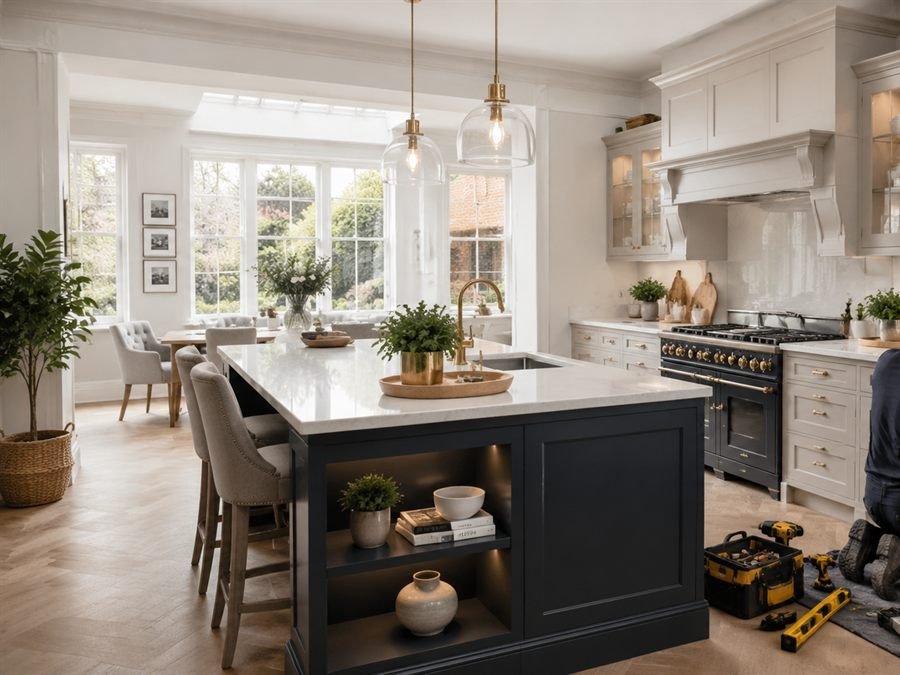 Shaker kitchen with island seating and herringbone flooring