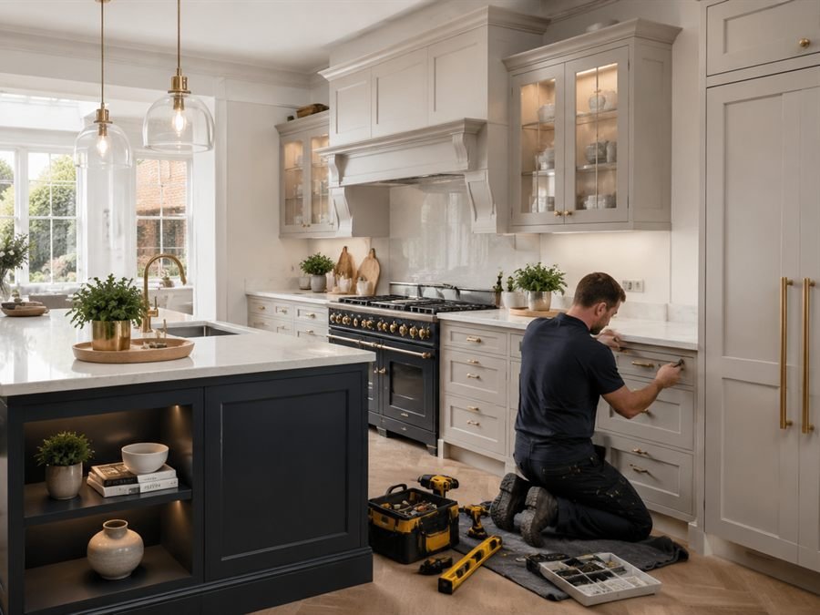 Kitchen with glazed display cabinets and marble splashback