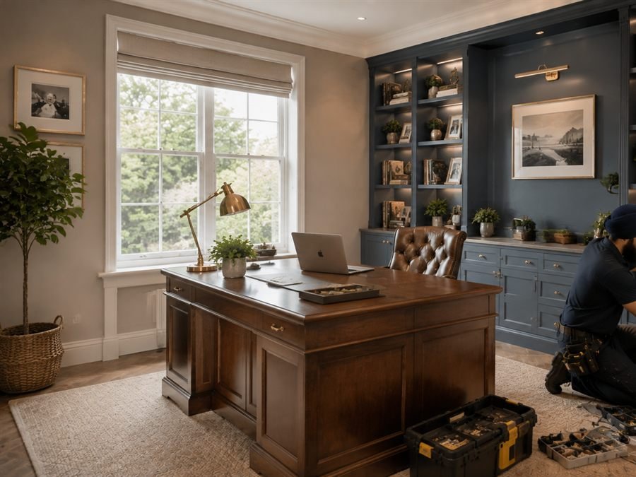 Home office with fitted navy shelving and integrated lighting