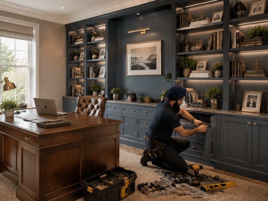 Bespoke joinery with lit display shelving and cabinet storage