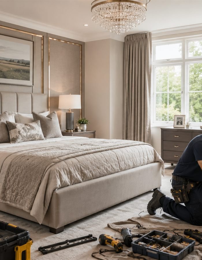Bedroom with built in furniture and upholstered headboard