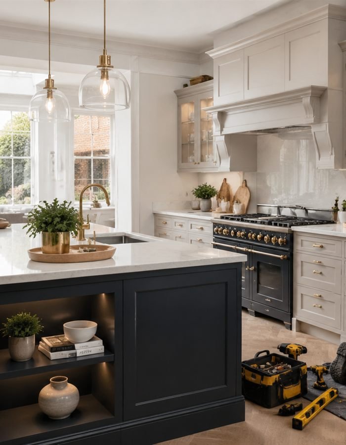 Fitted kitchen with navy island and marble worktop